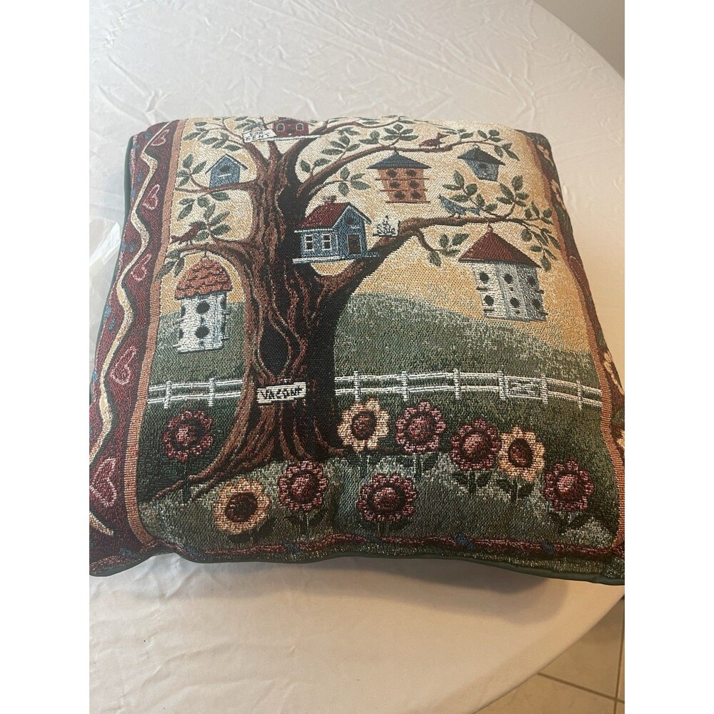Tapestry Needlepoint Pillow Birdhouse Floral Garden Bird 15” Riverdale